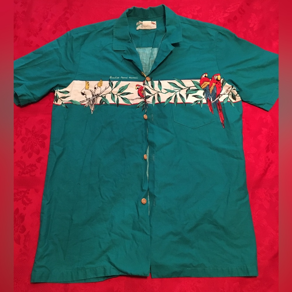 Paradise Found Hawaiian Button down shirt Wrap around print Mens Tropical Birds